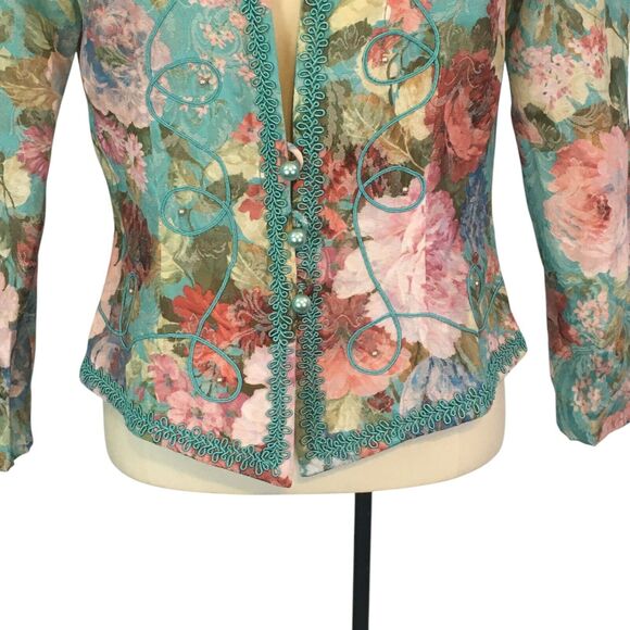 Nah Nah Collection Vintage 80s‎ Teal Blue Pink Floral Blazer, Victorian  38 bust - Picture 3 of 10